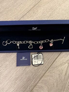 Swarovski Silver-Tone Charm Bracelet with Pink Crystal Hearts